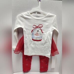 2T Carter's Girls 3pc Ballerina Red White Tutu Shirt Pants Xmas Pajama Set New